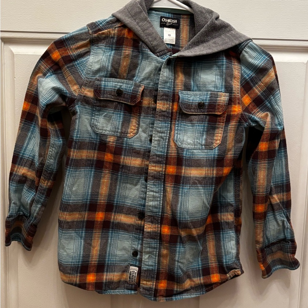 OshKosh Hooded Plaid Flannel Shirt Jacket - Blue & Orange